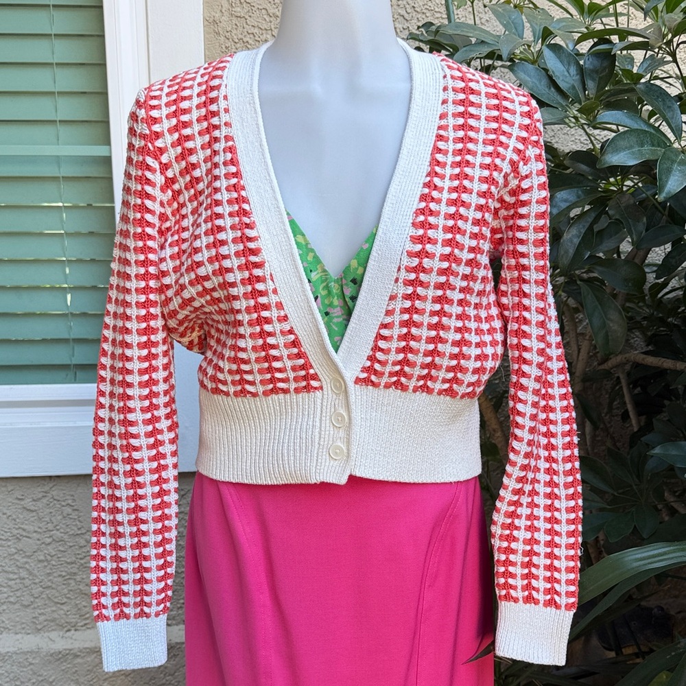 Anthropologie Reddish Orange and White Knit Cotton Cardigan